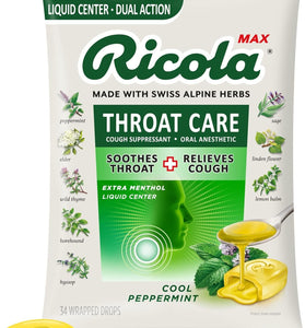 Ricola Max Cool Peppermint Throat Care Large Bag | Cough Suppressant Drops | Dual Action Liquid Center | Soothing Long-Lasting Relief - 34 Count (Pack of 1)
