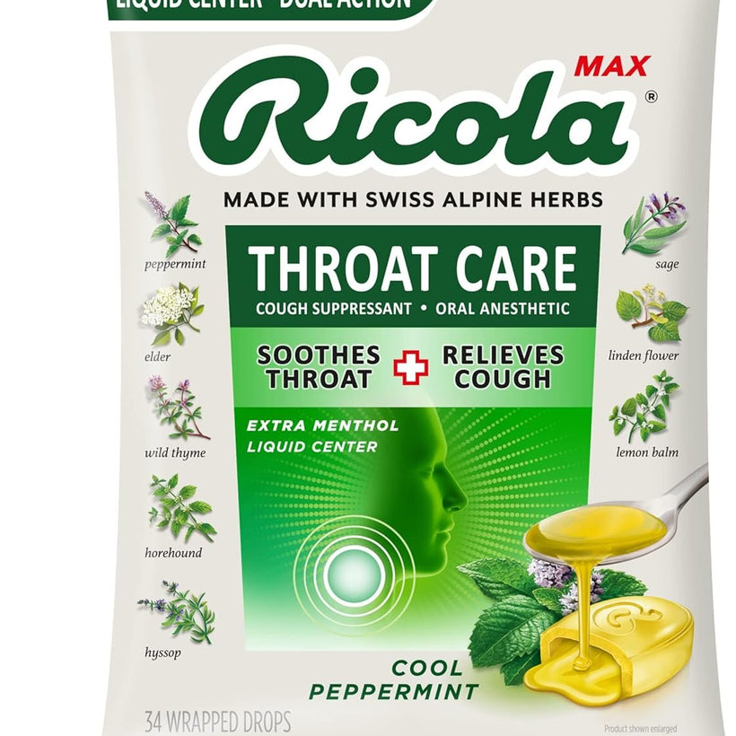 Ricola Max Cool Peppermint Throat Care Large Bag | Cough Suppressant Drops | Dual Action Liquid Center | Soothing Long-Lasting Relief - 34 Count (Pack of 1)