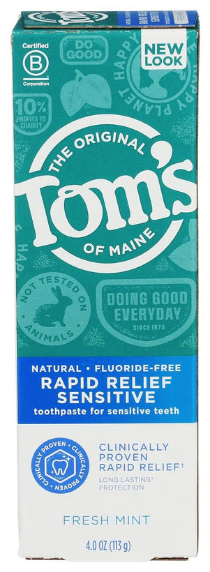 Tom's of Maine, Natural Rapid Relief Sensitive Fluoride Free Toothpaste - Fresh Mint, 4 Ounce