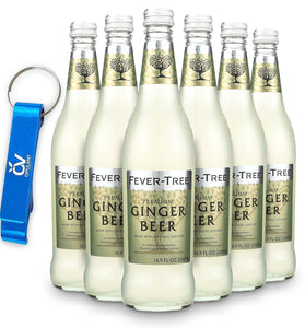 Fever Tree Premium Ginger Beer 16.9 fl oz (Pack of 6) with Opulent Variety Keychain Bottle Opener | Original, No Artificial Sweeteners, Flavorings, or Preservatives