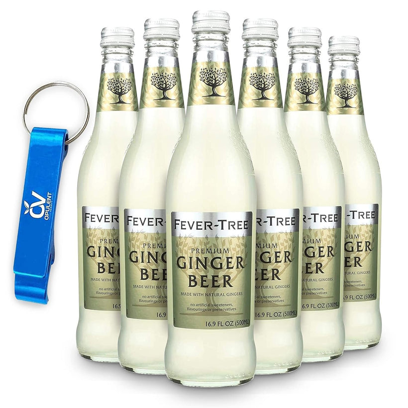 Fever Tree Premium Ginger Beer 16.9 fl oz (Pack of 6) with Opulent Variety Keychain Bottle Opener | Original, No Artificial Sweeteners, Flavorings, or Preservatives