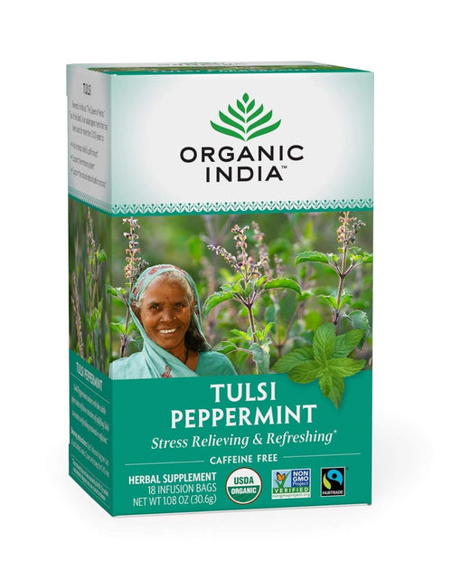 Organic India Tulsi Peppermint Herbal Tea, Holy Basil, 18 Tea Bags