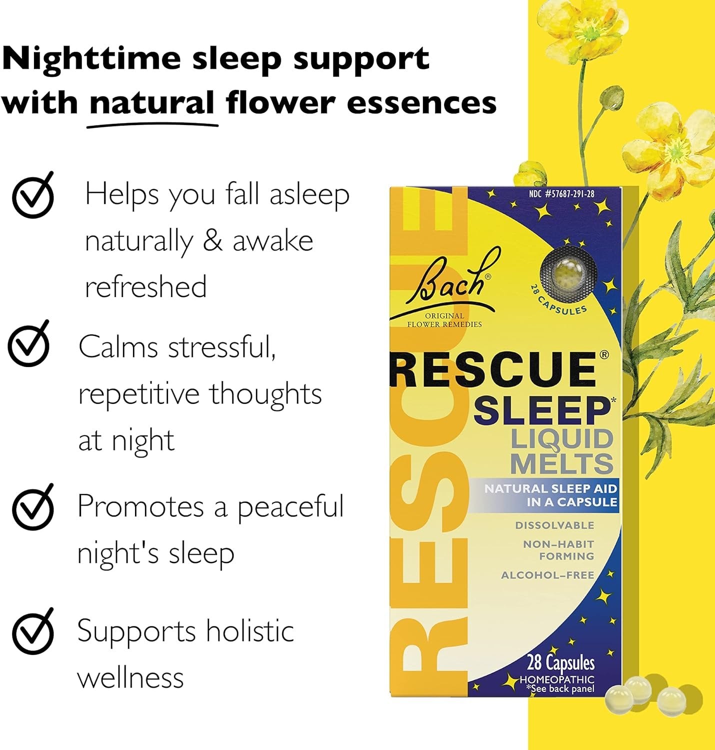 Bach RESCUE SLEEP Liquid Melts, Natural Orange Vanilla Flavor, Natural Sleep Aid, Stress Relief, Homeopathic Flower Essence, Free of Melatonin, Gluten & Sugar, Non-alcohol, Non-Narcotic, 28ct.