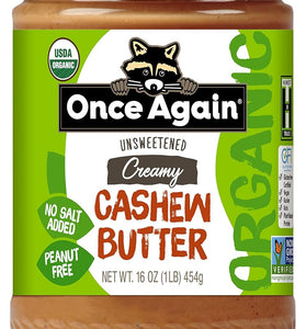 Once Again Organic Creamy Cashew Butter, 16oz - Unsweetened - USDA Organic, Gluten free Certified, Vegan, Kosher, Peanut Free - Glass Jar… (1 Jar)
