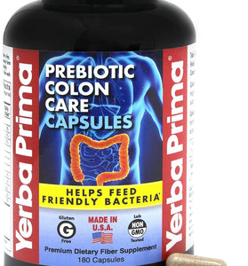 Yerba Prima Prebiotics Colon Care Fiber Caps, 180 Capsules - Five Forms of Fiber Plus FOS Pre-biotics - Dietary Health Supplement - Healthy Soluble & Insoluble Fibers for Regularity