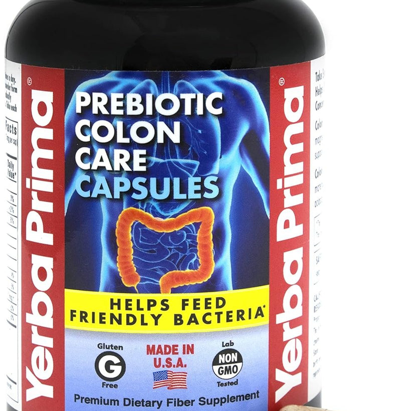 Yerba Prima Prebiotics Colon Care Fiber Caps, 180 Capsules - Five Forms of Fiber Plus FOS Pre-biotics - Dietary Health Supplement - Healthy Soluble & Insoluble Fibers for Regularity