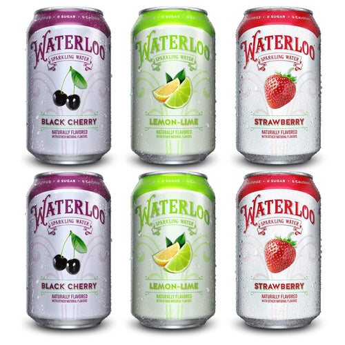 Waterloo Sparkling Water Variety Pack, 12 fl oz Cans (Pack of 6) with Can Holder