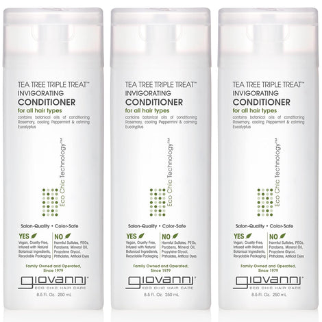 GIOVANNI Tea Tree Triple Treat Invigorating Conditioner - Cooling Peppermint, Eucalyptus, Rosemary, Helps Dry Flaking Scalp, Paraben Free, Helps to Moisturize, Smooth & Detangle- 8.5 oz (3 Pack)