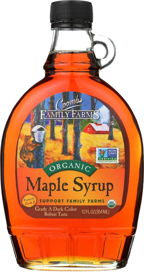 Coombs Organic Maple Syrup, Grade A Dark Color, Robust Taste, 12 oz Glass Bottle