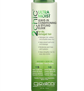GIOVANNI 2chic Ultra-Moist Leave-In Conditioning Styling Elixir - Smoothes Frizz Prevents Breakage, For Dry & Damaged Hair, Avocado & Olive Oil, Enriched with Aloe Vera, Shea Butter - 4 fl oz