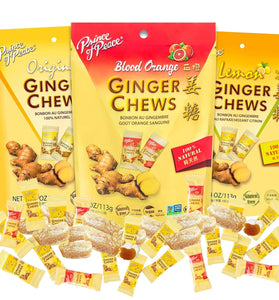 Ginger Chews Candy Variety Pack for Upset Stomach or Nausea Relief, Indivudally Wrapped Original, Lemon and Blood Orange Flavored Chewy Candies, Non GMO Sharable Snacks for Road Trips, Pack of 3