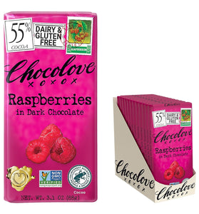 Chocolove Raspberries Dark Chocolate Bars | 55% Cocoa | Tangy Raspberry Bits | Smooth & Sweet | Premium Belgian Dark Chocolate | Non-GMO, 3.1 oz Bar (12 Pack)