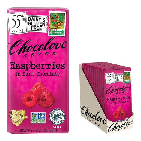 Chocolove Raspberries Dark Chocolate Bars | 55% Cocoa | Tangy Raspberry Bits | Smooth & Sweet | Premium Belgian Dark Chocolate | Non-GMO, 3.1 oz Bar (12 Pack)