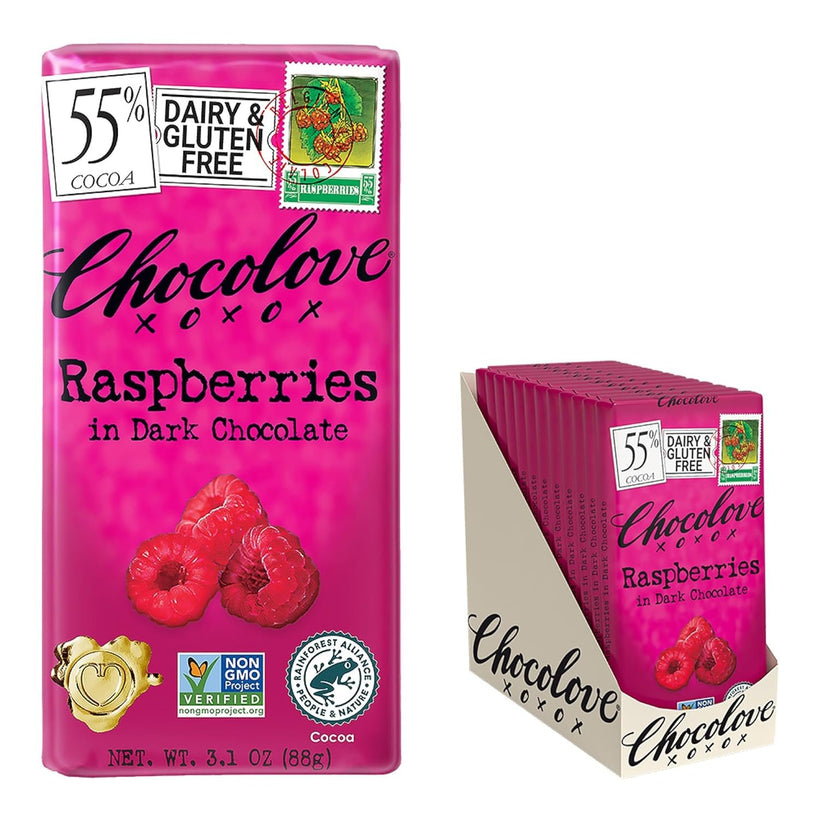 Chocolove Raspberries Dark Chocolate Bars | 55% Cocoa | Tangy Raspberry Bits | Smooth & Sweet | Premium Belgian Dark Chocolate | Non-GMO, 3.1 oz Bar (12 Pack)