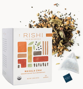 Rishi Tea Masala Chai Tea | USDA Organic Direct Trade Sachet Tea Bags, Certified Kosher Assam Black Tea Blend with Whole Spices, Energizing & Caffeinated | 15 Count (Pack of 1)