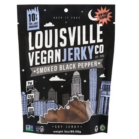 Louisville Vegan Jerky - Smoked Black Pepper, Vegetarian & Vegan-Friendly Jerky, 21 Grams of Non-GMO Soy Protein, 240 Calories Per Bag, Gluten-Free Ingredients (3 oz)