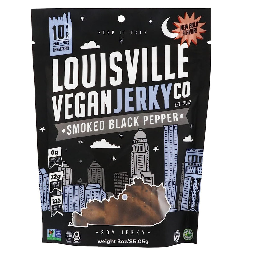 Louisville Vegan Jerky - Smoked Black Pepper, Vegetarian & Vegan-Friendly Jerky, 21 Grams of Non-GMO Soy Protein, 240 Calories Per Bag, Gluten-Free Ingredients (3 oz)