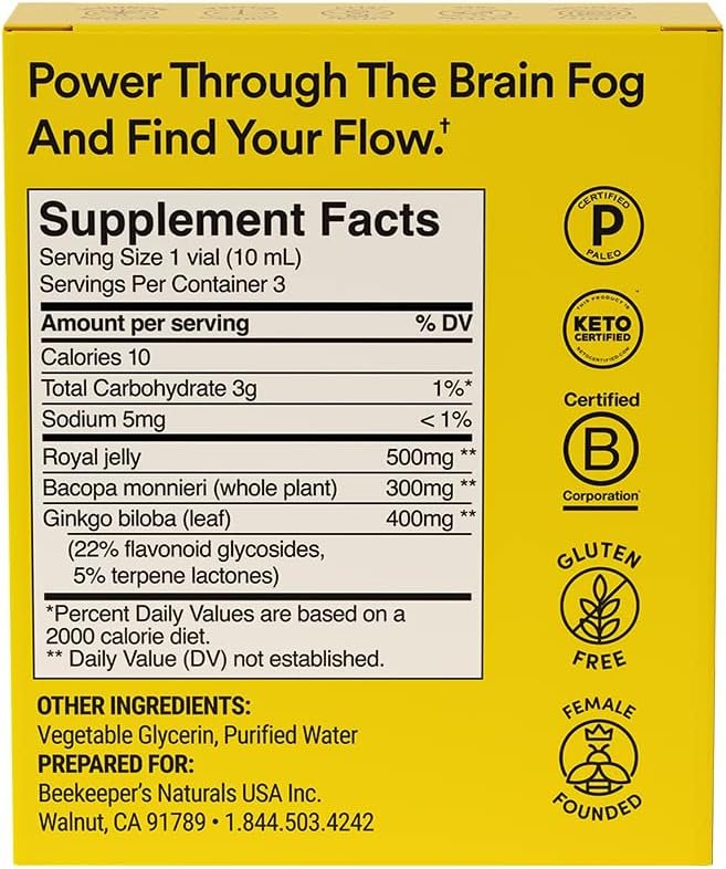 Beekeeper's Naturals B.LXR Brain Fuel - Memory, Focus and Clarity Liquid Formula, Supports Productivity - Royal Jelly, Ginkgo Biloba, Bacopa Monnieri - Keto Friendly, Gluten & Caffeine-Free