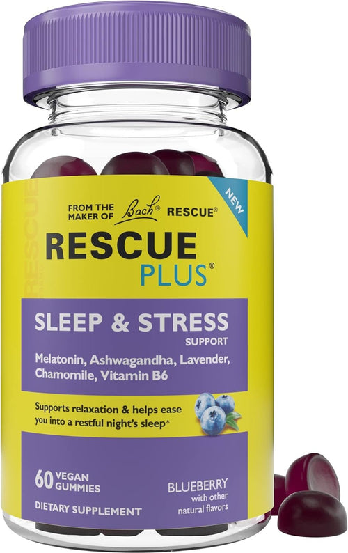 Bach Rescue Plus Sleep & Stress Support Gummies, Natural Blueberry, 60 Count