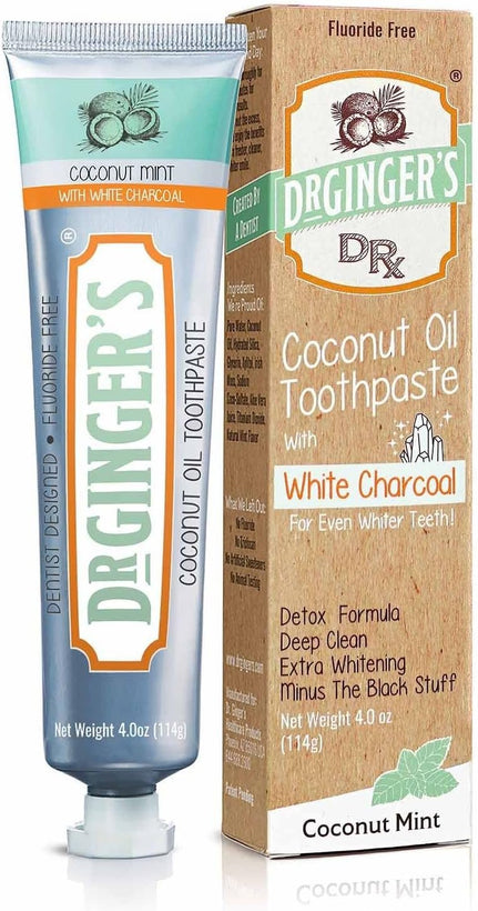 Dr. Ginger's Coconut Oil Toothpaste with White Activated Charcoal, All-Natural Whitening Brightening Power, Enamel-Safe, Reduces Plaque & Gum Sensitivity, Fluoride-Free, Coconut Mint Flavor, 4oz, 1ct