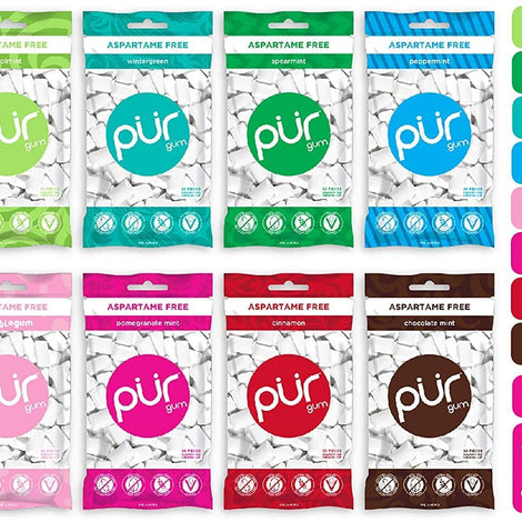 PUR Gum 8 Flavor Assortment Spearmint, Peppermint, Pomegranate Mint, Wintergreen, Cinnamon, Coolmint, Chocolate & Bubblegum