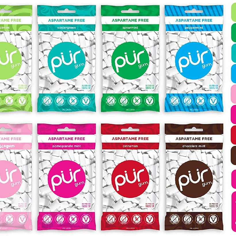 PUR Gum 8 Flavor Assortment Spearmint, Peppermint, Pomegranate Mint, Wintergreen, Cinnamon, Coolmint, Chocolate & Bubblegum