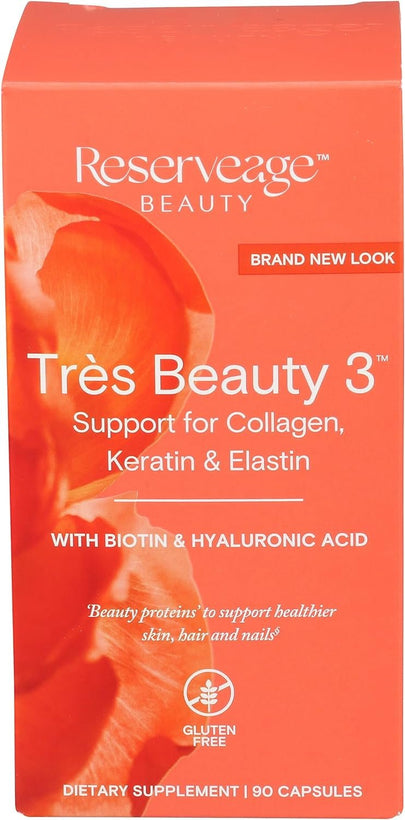 Reserveage Beauty, Tres Beauty 3, Beauty Supplement for Hair Growth, Skin Care and Nail Care, Collagen Supplement with Keratin and Biotin, Gluten Free, 90 Capsules (30 Servings)