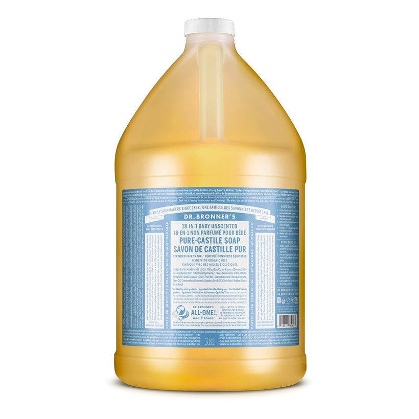 Dr. Bronner’s - Pure-Castile Liquid Soap (Baby Unscented, 1 Gallon) - Made with Organic Oils, 18-in-1 Uses: Face, Hair, Laundry and Dishes, For Sensitive Skin and Babies, No Added Fragrance, Vegan