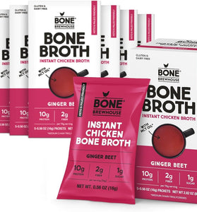 Bone Brewhouse - 9 Pack - Chicken Bone Broth Protein Powder - Ginger Beet Flavor - Keto & Paleo Friendly - Instant Soup Broth - 10g Protein - Natural Collagen & Gluten-Free - 45 Individual Packets