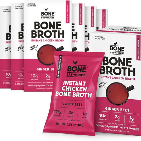 Bone Brewhouse - 9 Pack - Chicken Bone Broth Protein Powder - Ginger Beet Flavor - Keto & Paleo Friendly - Instant Soup Broth - 10g Protein - Natural Collagen & Gluten-Free - 45 Individual Packets