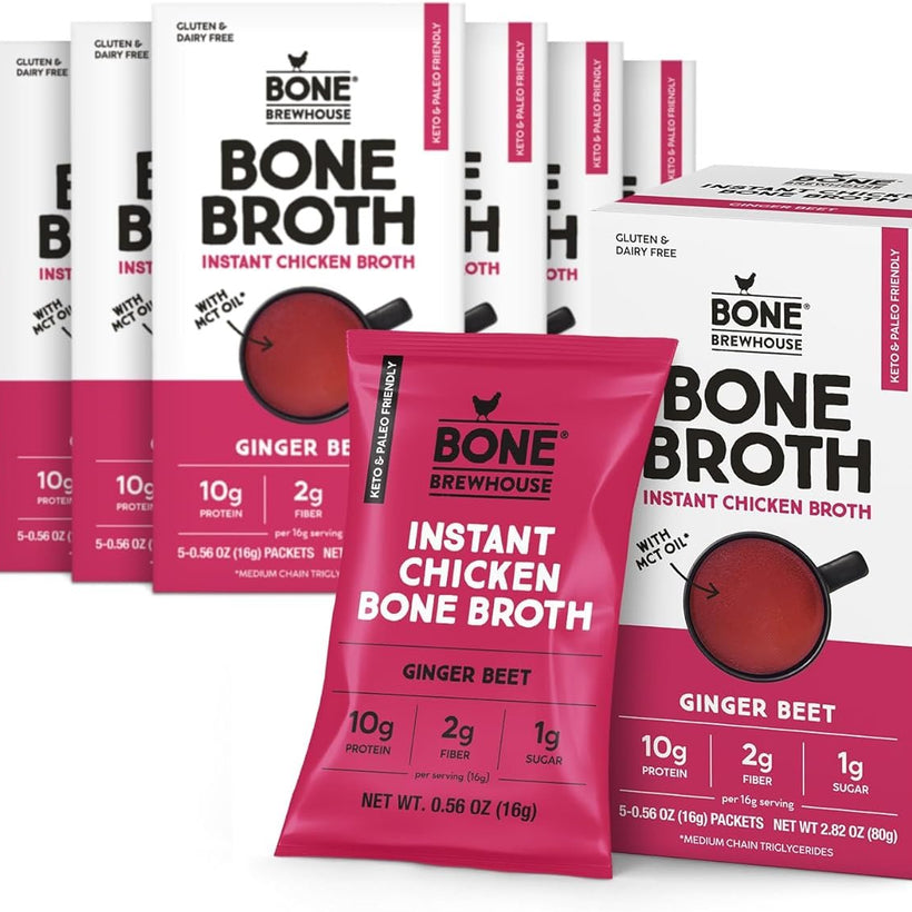 Bone Brewhouse - 9 Pack - Chicken Bone Broth Protein Powder - Ginger Beet Flavor - Keto & Paleo Friendly - Instant Soup Broth - 10g Protein - Natural Collagen & Gluten-Free - 45 Individual Packets