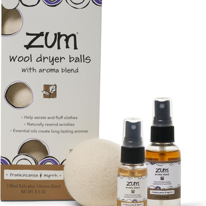 Zum Clean Frankincense & Myrrh Wool Dryer Balls Kit with Aroma Blend (3 Pack)