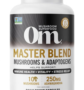Om Mushroom Superfood Master Blend Mushrooms & Adaptogens, Capsules Supplement, 160 Count, 40 Servings, 10 Mushroom Complex, Adaptogens for Immune Health, Vitality, Stress Relief (Packaging May Vary)