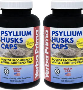 Yerba Prima Psyllium Husk Caps - 180 Capsules (Pack of 2) - Easy to Swallow Fiber Supplement - Colon Cleanse - Gut Health - Non-GMO Gluten Free