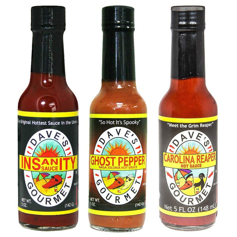 Dave's Gourmet Hot Sauce Sets From Mild to Medium to Hot to Insanity Hot sauce Sets for the Hot Sauce Lover