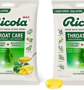 Ricola Max Throat Care Cool Peppermint Large Bags | Cough Suppressant Drops | Dual Action Liquid Center | Soothing Long-Lasting Relief - 34 Count (Pack of 2)