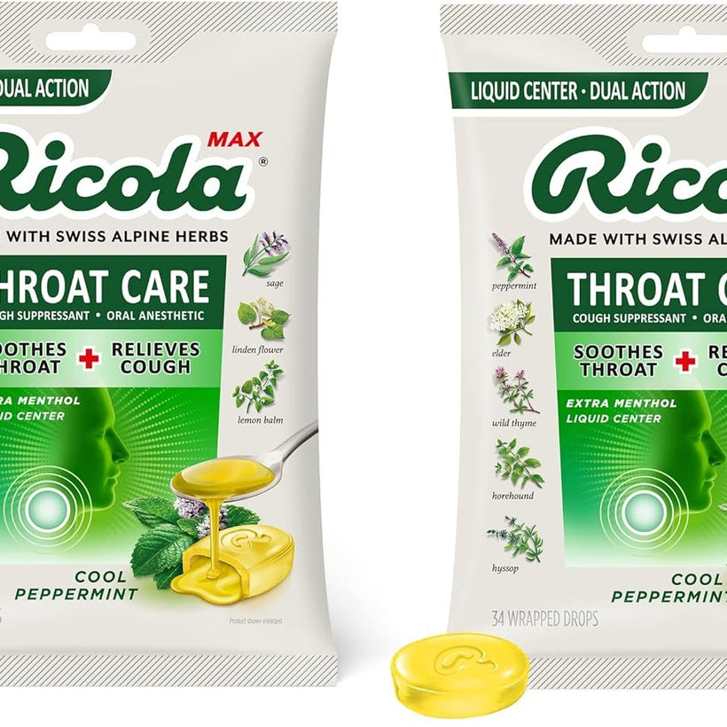Ricola Max Throat Care Cool Peppermint Large Bags | Cough Suppressant Drops | Dual Action Liquid Center | Soothing Long-Lasting Relief - 34 Count (Pack of 2)