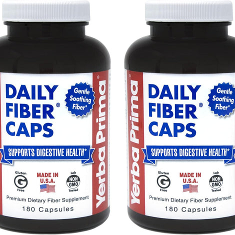 Yerba Prima Daily Fiber Caps - 180 Capsules, (Pack of 2) - Soluble & Insoluble Fiber Supplement - Colon Cleanse - Vegan, Non-GMO, Gluten-Free
