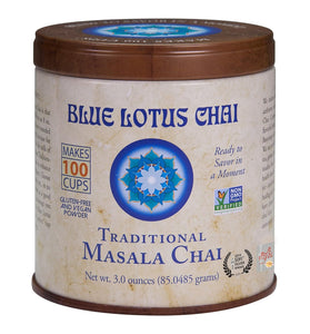 Blue Lotus Chai - Traditional Masala Chai - Makes 100 Cups - 3 Ounce Masala Spiced Chai Powder with Organic Spices - Instant Indian Tea No Steeping - No Gluten