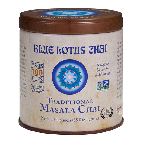 Blue Lotus Chai - Traditional Masala Chai - Makes 100 Cups - 3 Ounce Masala Spiced Chai Powder with Organic Spices - Instant Indian Tea No Steeping - No Gluten