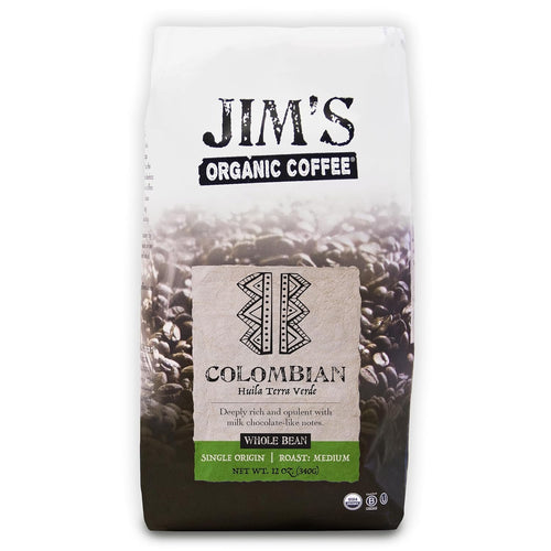 Jim's Organic Coffee Colombian Single Origin Medium Roast, Whole Bean, 12 oz