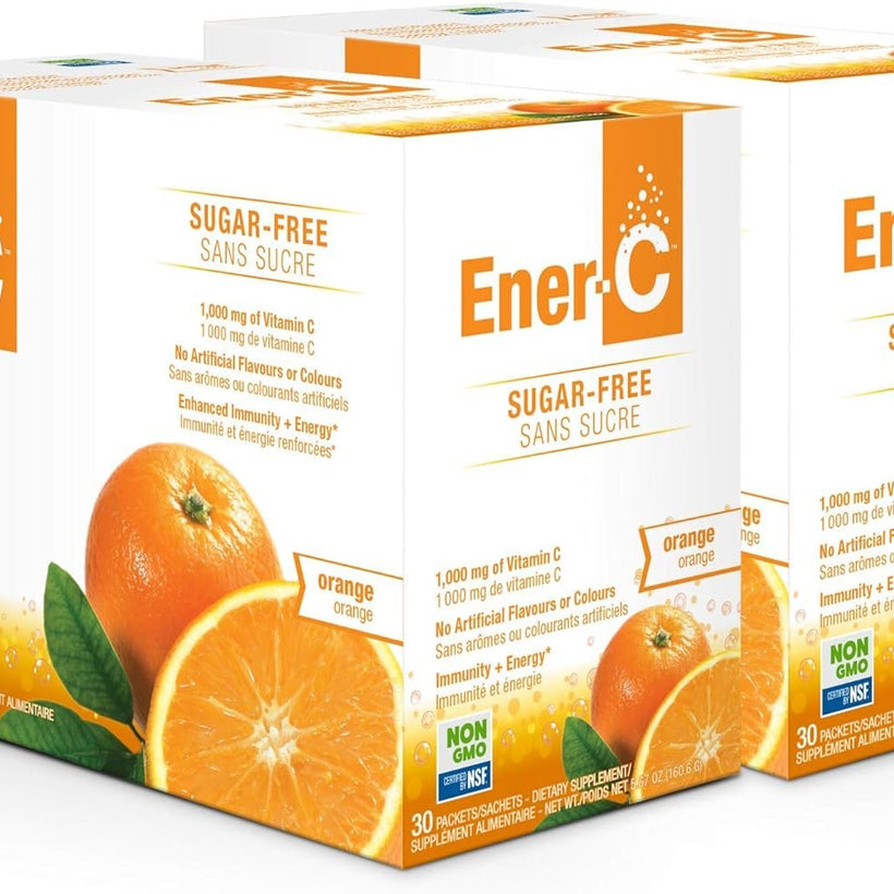 Ener-C Sugar Free Energy Orange Multivitamin Drink Mix Vitamin C 1000mg & Electrolytes - Natural Immunity Support with Real Fruit Juice Powders Non-GMO Vegan & Gluten Free - 60 Count