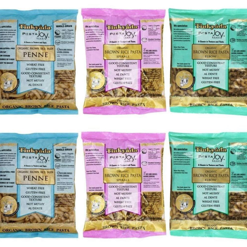 Tinkyada Organic Gluten-Free Brown Rice Pasta 3 Shape Variety Bundle: (2) Elbow Pasta, (2) Spirals Pasta, and (2) Penne Pasta, 12 Ounce Ea.