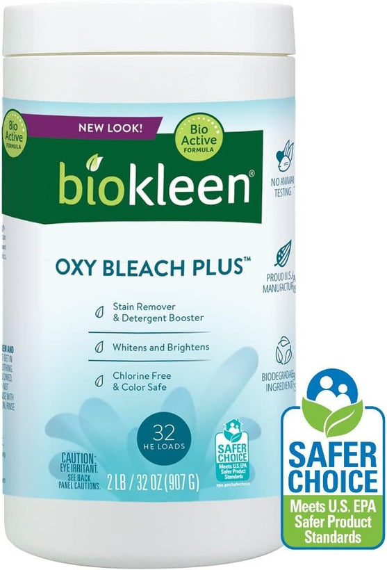 Biokleen Laundry Oxygen Bleach Plus 32 HE Loads - Concentrated Stain Remover, Whitens & Brightens, Eco-Friendly, Plant-Based, No Artificial Fragrance or Preservatives, 2 Pounds, 32 Fl Oz