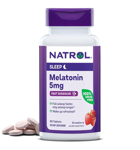 Natrol Melatonin 5mg, Strawberry-Flavored Dietary Supplement for Restful Sleep, 90 Fast-Dissolve Tablets, 90 Day Supply