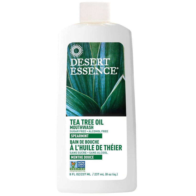 Desert Essence Tea Tree Oil Mouthwash, Spearmint, 8 fl oz - Alcohol Free, Sugar Free, Gluten Free, Vegan, Non-GMO - with Aloe, Vitamin C, Spearmint Essential Oil - Healthy Teeth & Gums, Fresh Breath