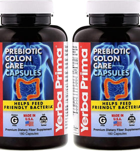 Yerba Prima Prebiotic Colon Care Capsules Dietary Fiber, 180 Count, (Pack of 2) - Five Forms of Fiber Plus FOS Prebiotics Supplement - Soluble & Insoluble for Regularity & Digestive Support