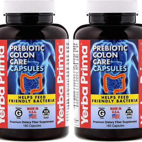 Yerba Prima Prebiotic Colon Care Capsules Dietary Fiber, 180 Count, (Pack of 2) - Five Forms of Fiber Plus FOS Prebiotics Supplement - Soluble & Insoluble for Regularity & Digestive Support