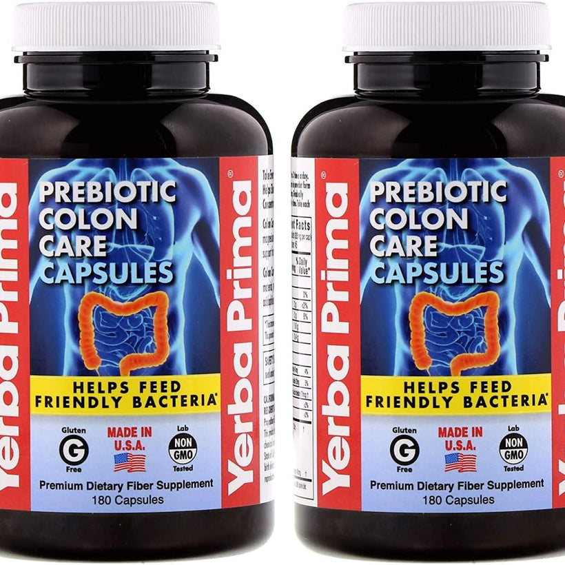 Yerba Prima Prebiotic Colon Care Capsules Dietary Fiber, 180 Count, (Pack of 2) - Five Forms of Fiber Plus FOS Prebiotics Supplement - Soluble & Insoluble for Regularity & Digestive Support