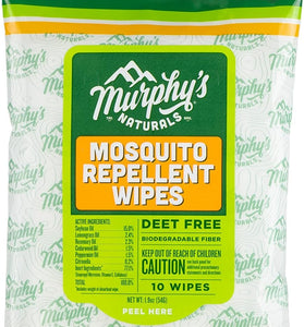 Murphy's Naturals Mosquito Repellent Wipes | DEET Free | Made with Plant Based Essential Oils | Includes Citronella + Lemongrass | Easy to Use | Great for Family | Travel Sized | 10 Wipes
